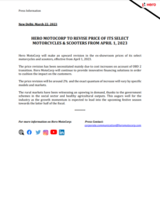 Hero MotoCorp to hike prices of select bikes scooters from April 1