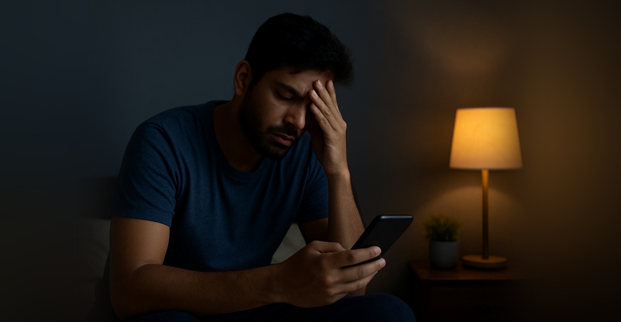 Sleep-deprived young Indian man under stress due to work and screen time